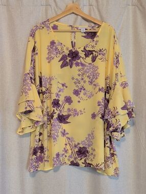 Liz Claiborne Yellow Tunic with Purple Floral Ruffle Sleeves